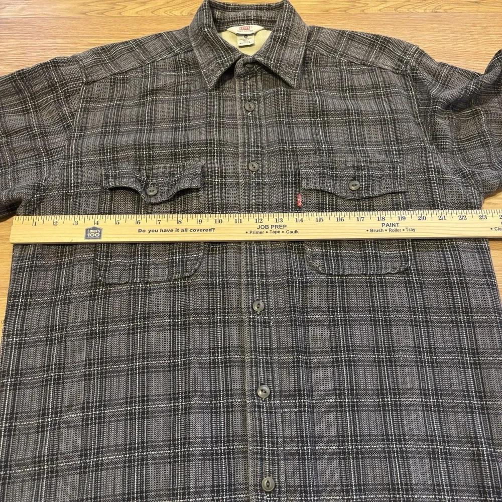 Vintage Levis Shirt Jacket Men's Small Grey Black Plaid Flannel Shacket Oversize - Picture 13 of 15
